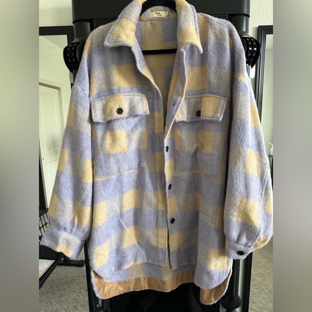 Blushing Brunette Plaid Button-Up Shacket in Lavender and Beige